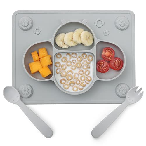 ROCCED Suction Plates for Baby Placemat Spoon Fork Set for Toddlers, Silicone Baby Plates with Suction Baby Dishes for Kids Plates-grey