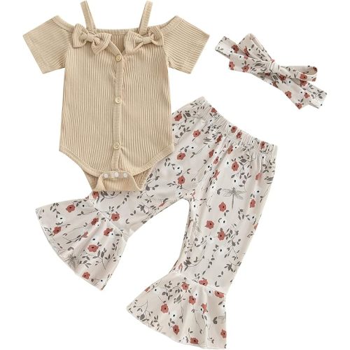 Bagilaanoe 3pcs Summer Outfit Infant Baby Girl Clothes Short Sleeve Ribbed Romper Flared Pants Set Headband