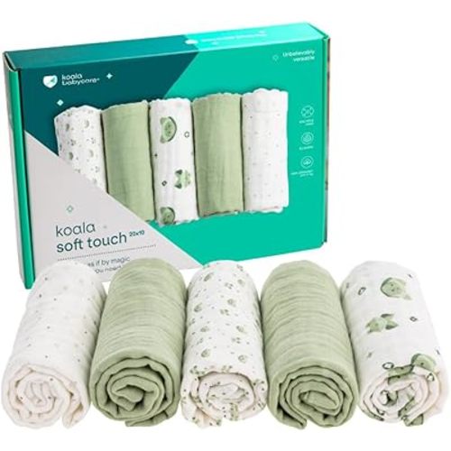 Koala Babycare 5 Pack 20"x10" Muslin Burp Cloths for Baby Boys and Girls - GOTS & Oeko-TEX Cotton Burp Rags for Newborns - Absorbent Neutral Burping Cloths for Feeding - Washable Baby Bibs Essentials