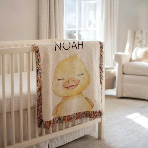 Personalized Duck Baby Blanket, Custom Crib Throw with Name, Farm Animal Nursery Decor, Duck Baby Shower Gift, Baby Blanket with Duck Design