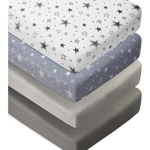 4 Pack Crib Sheets Star and Moon Neutral Unisex Baby Mattress Cover Fitted Crib Sheets Set for Baby Boys or Girls Star