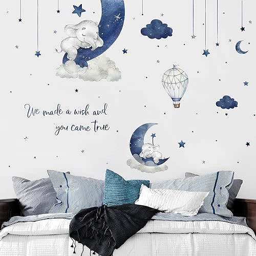 Yovkky Watercolor Blue Grey Sleeping Elephant Wall Decals, We Made a Wish Moon Star Cloud Stickers Hot Air Balloon Nursery Decor, Home Baby Shower Decoration Kids Boy Toddler Bedroom Playroom Art Gift