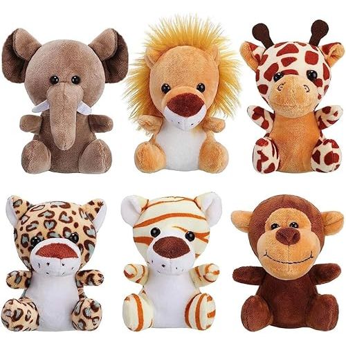 6 Pieces Jungle Stuffed Animal Forest Plush Lion Elephant Tiger Giraffe Plush Toy for Party Animal Themed (6zhidongwu)