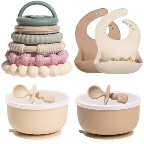 Silicone Baby Feeding Set, Suction Bowls with Lids and Spoons, Waterproof Baby Bibs, Stacking Teether Toys, BPA Free Baby Shower Kit for 0-6 Months
