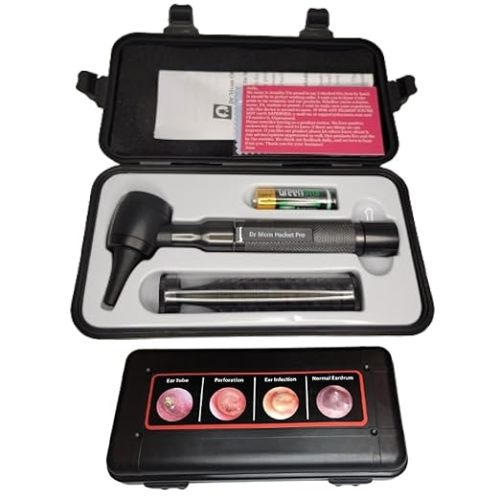 4th Generation Doctor Mom LED Pocket Pro Otoscope with Both Adult and Pediatric Disposable Specula Tips, Battery, and Protective Hard Plastic Case - Black