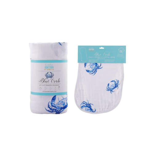 Gift Set: Blue Crab Baby Muslin Swaddle Blanket and Burp Cloth/Bib Combo