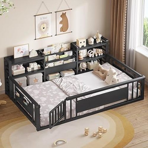 DICTAC Twin Floor Bed with Storage Bookcase and Shelves for Kids, Montessori Floor Beds with Safety Rails and Door, Floor Bed Twin Size for Boys,Girls, No Box Spring Needed, Included Wood Slats, Black