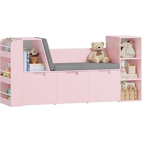 61.5" Kids Reading Nook with 3-Layer Bookshelf, Reading Nook for Kids with Double Bench and Rolling Drawers, Bookshelf and Toy Storage for Nursery, Playroom, Pink