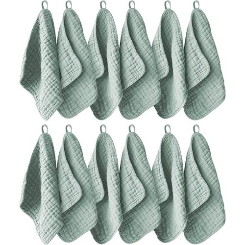12 Pack Muslin Washcloths for Baby - 100% Cotton Baby Wash Cloths for or Baby Face Body Comfy and Soft for Newborn Infants Kids Girls and Boys - 12"x12" - Green