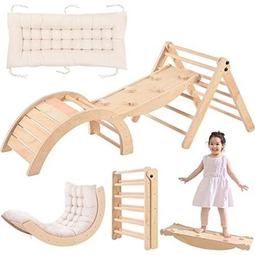 Pikler Triangle Set with Cushion, Indoor Climbing Toy Set for Toddlers, Montessori Foldable Indoor Playground, Wodden Jungle Gym with Ramp and Arch Climber for 1-6 Years Old Kids