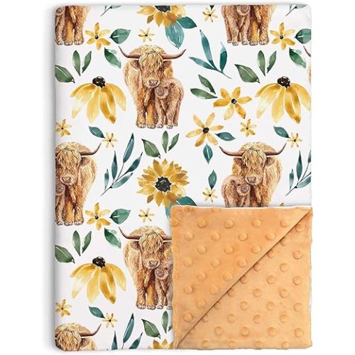 Sunflower Highland Cow Baby Blanket for Unisex, Soft Double Layer Minky with Dotted Backing, Floral Cow Theme Baby Crib Bedding Toddler Newborn Nursery Bed Swaddle Receiving Blanket, 30"x40"