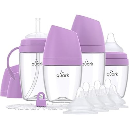 BuubiBottle Hybrid Bottle Feeding Bundle by Quark - Baby Bottle Set with Baby Bottles for Breastfed Babies from Newborn to Toddler - With RealFeel Anti Colic Nipples, Sippy Cup Conversion Kit - Purple