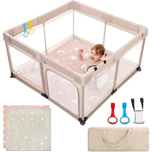 Joypony Baby Playpen with Mat, 50x50x27 IN Large Playpen for Babies and Toddlers, Safety Play Yard for Infant, Indoor & Outdoor Play Pen, Baby Fence with Soft Breathable Mesh, Parc pour Bébé