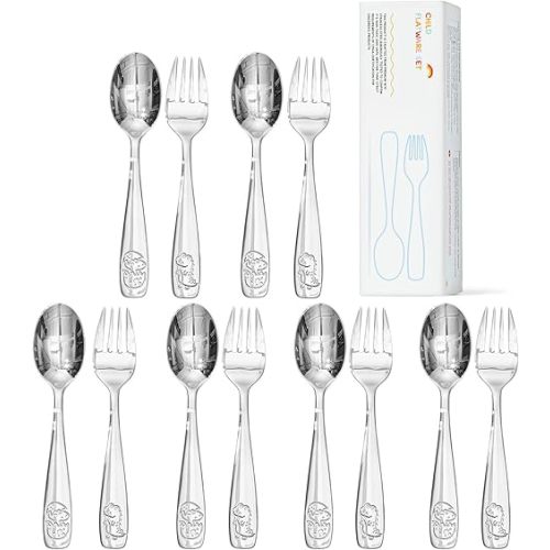 KINGSTONE Toddler Silverware Set, 12 Pieces Kids Utensils - 6 Forks & 6 Spoons, 18/10 Stainless Steel Food-Grade Kids Flatware, Cute Dinosaur Engraved, Dishwasher Safe for Home & Daycare Use
