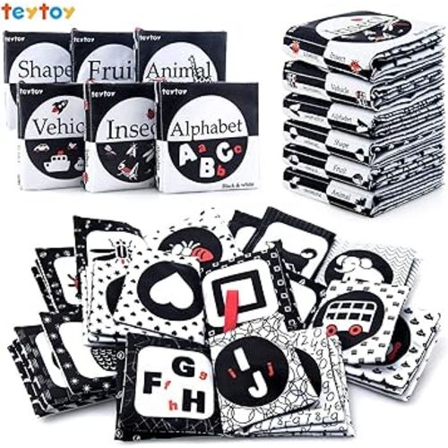 My First Soft Book,teytoy Nontoxic Fabric Baby Cloth Activity Crinkle Soft Black and White Book for Infants Boys and Girls Early Educational Toys Perfect for Baby Shower -Pack of 6