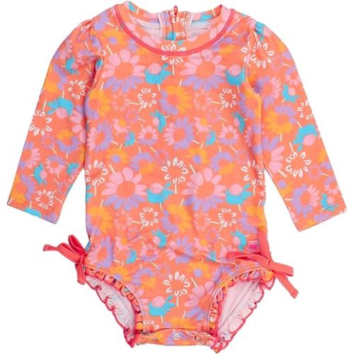 RuffleButts Baby Girls UPF 50+ Sun Protection Floral Printed Long Sleeve One Piece Rash Guard Swimsuit with Zipper