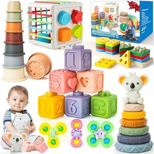 6-in-1 Baby Toys 6 to 12 Months, Montessori Toys for Babies 6-12-18 Months, Infant Teething Toy Stacking Blocks Rings Sensory Bin, Sorting Sensory Educational Learning Gift for Toddlers Aged 1-3