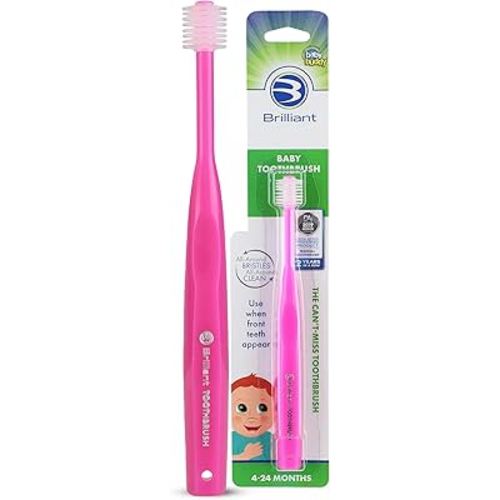 Brilliant Oral Care Baby Toothbrush with Soft Bristles and Round Head, for a Toddler Approved, Easy to Use All-Around Clean Mouth, Ages 0-2 Years, Pink, 1 Pack