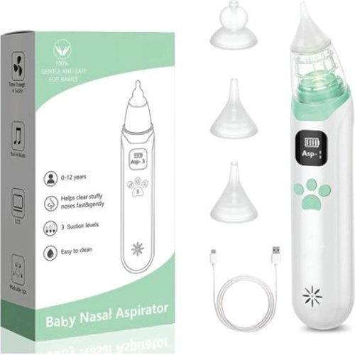 Electric Nasal Aspirator for Baby, Rechargeable Baby Nose Sucker with 3 Soft Silicone Tips, Adjustable Suction, Built-in Music & Light Soothing