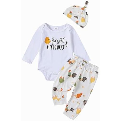 Omkzanbi Newborn Baby Girl Boy Clothes Freshly Hatched Bodysuit Onesie Farm Chick Long Pant Hat Cute Coming Home Outfit 0-18M
