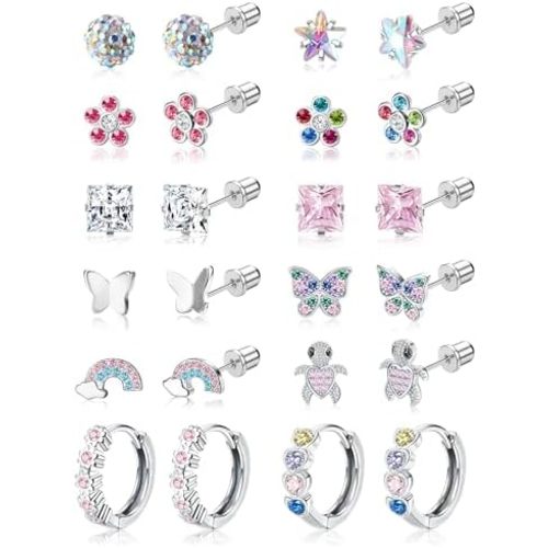 FIASASO Hypoallergenic Surgical Stainless Steel Earrings for Girls Kids Women - 12 Pair Screw Back Earrings for Sensitive Ears Cute Flower Butterfly Toddler Stud Hoop Earrings Screwback Girl Earrings