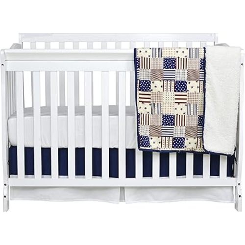 Brandeam Patchwork Crib Bedding Set for Boys Navy Blue Rustic Nursery Bedding 100% Cotton American Flag Newborn Blanket with Star