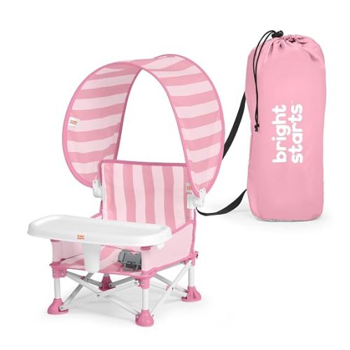 Bright Starts Pop 'N Sit Cabana Baby Beach Portable Booster Chair with UPF Canopy, Floor Seat for Indoor/Outdoor Use, Compact Fold, Pink, 6 Months–3 Years