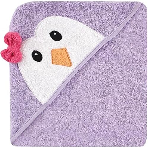 Luvable Friends Unisex Baby Cotton Animal Face Hooded Towel, Purple Penguin, One Size