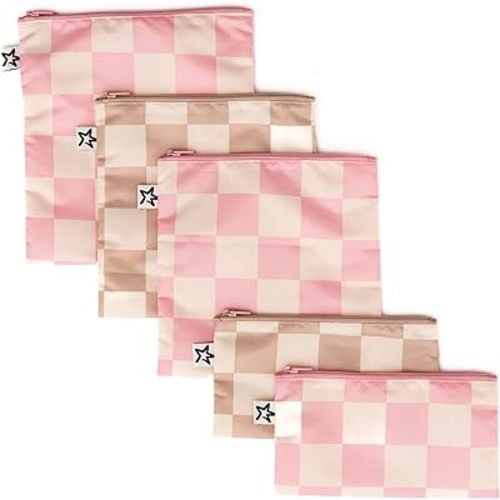 Tiny Twinkle 5 Pack Reusable Snack Bags - Machine Washable, PFAS, PVC, BPA, Phthalate-Free Reusable Baby and Toddler Food Safe Snack Bags (Checkers Pink Brown)