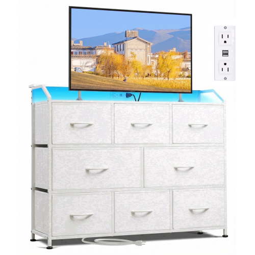 edx 8-Drawer Fabric Dresser with Power Outlets & LED Light, Multifunctional TV Stand Storage Cabinet for Bedroom, Living Room, Office & Hallway, White