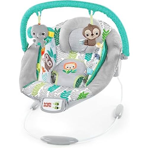 Bright Starts Comfy Baby Bouncer Soothing Vibrations Infant Seat - Taggies, Music, Removable-Toy Bar, 0-6 Months Up to 20 lbs (Jungle Vines)