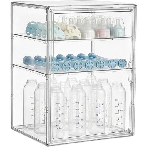 HBlife Baby Bottle Storage Organizer for Countertop Cabinet, 3 Tiers Adjustable Clear Acrylic Bottles Storage Station Case Box Container with 2 Removable Dividers and Magnetic Door, X-Large