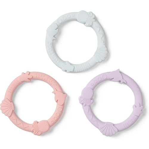 Loulou Lollipop Baby Teether Ring Set, 3 Pack Food-Grade Silicone, Shell Pink