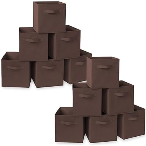Casafield Set of 12 Collapsible Fabric Cube Storage Bins, Brown - 11" Foldable Cloth Baskets for Shelves, Cubby Organizers & More