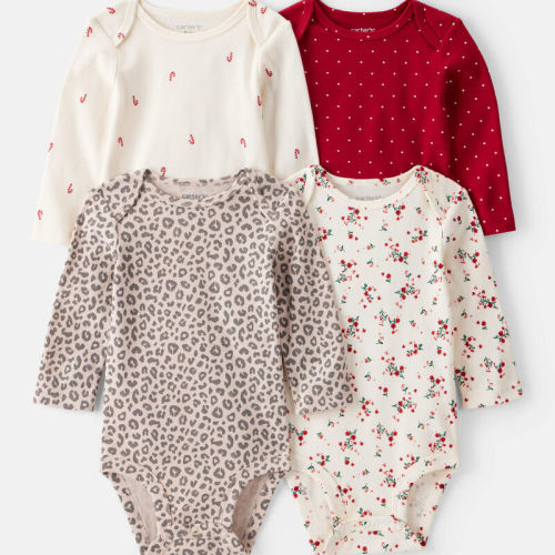 Multi Baby Girl 4-Pack Leopard Print Cotton Long-Sleeve Multipack Bodysuits - Red/White | Carter’s Oshkosh Canada