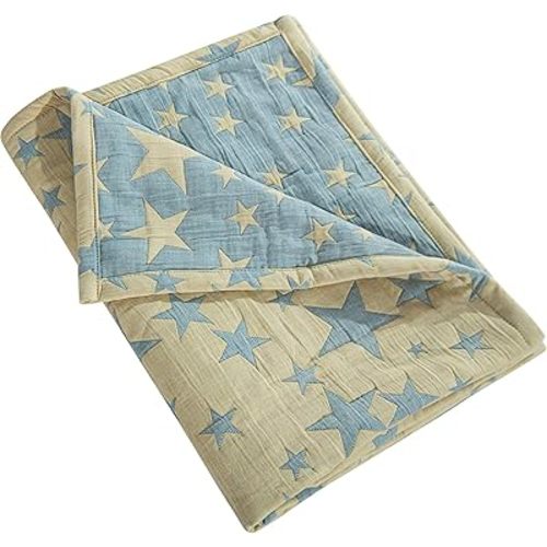 NTBAY 3 Layer Toddler Blanket, Muslin Cotton Jacquard Bed Blankets, Lightweight Thermal Baby Blanket, Super Soft and Warm Crib Blanket for All Seasons, Decoration Gift, 45"x60", Blue and Yellow Star