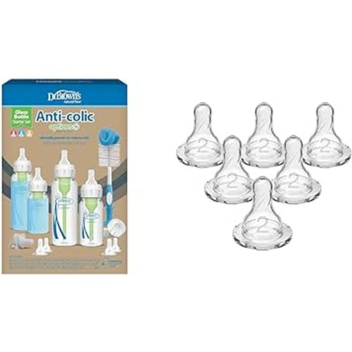 Dr. Brown's Anti-Colic Options+ Glass Bottle Starter Set with Level 1-3 Nipples, Silicone Sleeves, Brush, HappyPaci Pacifier and Level 2 Medium Flow 100% Silicone Nipples, 6 Count