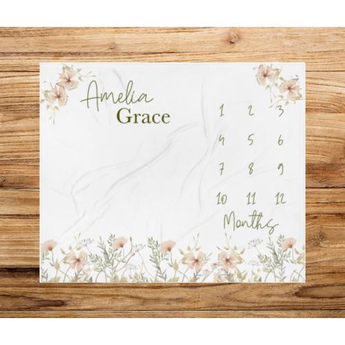 Wildflower Baby Milestone Blanket, Personalized Boho Month Blankets Girl, Botanical Floral Monthly Growth Tracker Photo Mat Baby Shower Gift