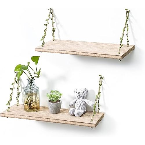 MITIME Leaf Rope Hanging Floating Shelves, Wall Swing Storage Shelf for Home Decor.17, 2-Pack (Light Color)