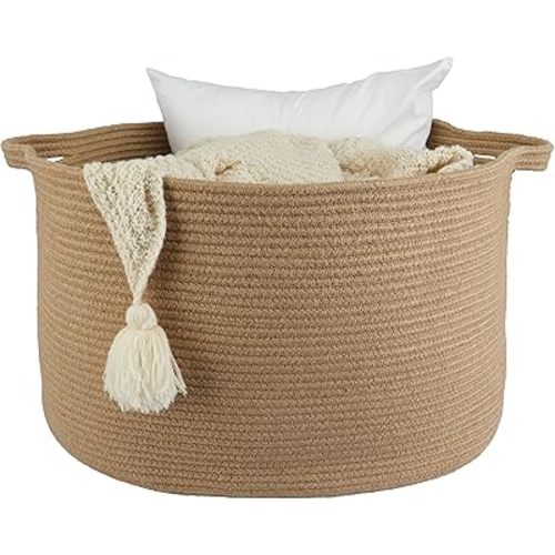 Large Jute Rope Basket - 22"x14" Living Room Storage Basket for Kids, Dogs, Nursery, Laundry, Toys, Clothes, Towels