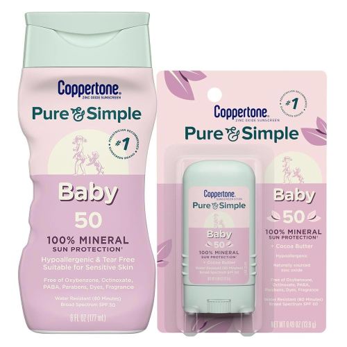 Coppertone Pure and Simple Baby Mineral Sunscreen Lotion SPF 50 (6 Fl Oz) + Baby Sunscreen Stick SPF 50 (0.49 Oz), Hypoallergenic and Tear Free