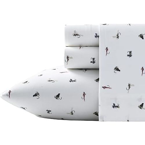 Eddie Bauer - Full Sheets, Cotton Percale Bedding Set, Crisp & Cool Home Decor, Dorm Room Essentials (Fishing Flies White, Full)