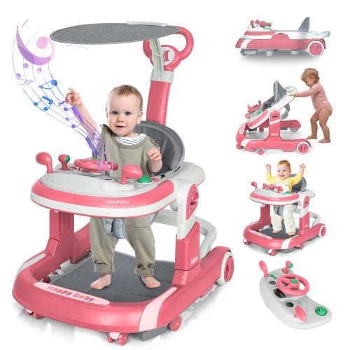 AJONALAA 4-in-1 Musical Baby Walker, Adjustable Heights, Activity Station, Detachable Toy Tray, Red
