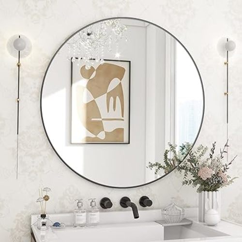 BEAUTYPEAK 24 Inch Round Mirror, Metal Frame Circle Mirror, Wall Mounted for Entryway, Bathroom, Vanity, Living Room, Black