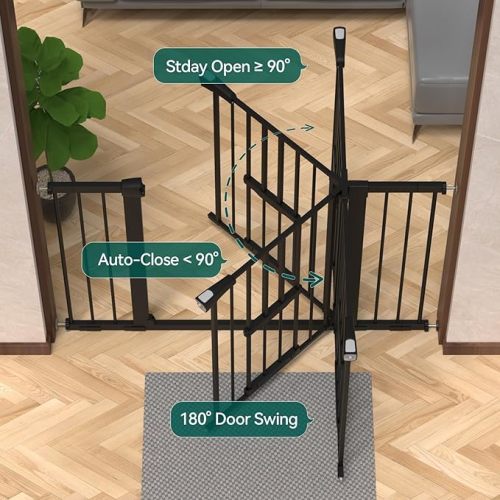 BABELIO 29.5-48" Extra Wide Baby Gate with Cat Door,Auto Close Metal Pet Door for Stairs,Doorways,House,Pressure/Hardware Mounted,Easy Walk Thru,Black