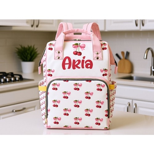 Girl Diaper Bag Personalized Cherries & Bows Custom Name Diaper Bag Backpack Girl Baby Shower Gift Waterproof Mommy Bag Backpack Gift Idea