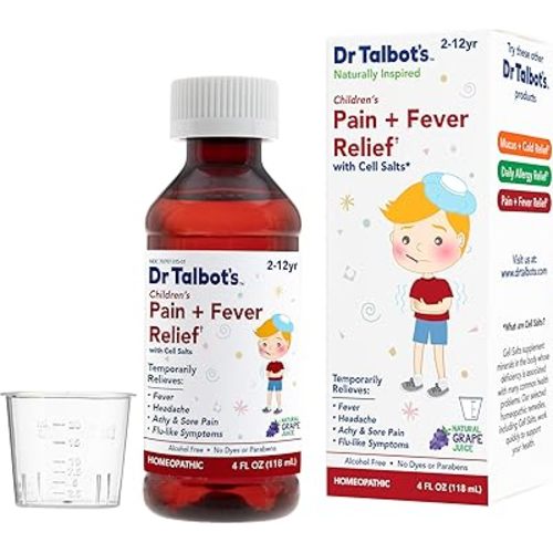 Dr. Talbot's Pain + Fever Relief Liquid Medicine with Naturally Inspired Ingredients for Children, Includes Dosage Cup, Grape Juice Flavor, 4 Fl Oz (Packaging May Vary)