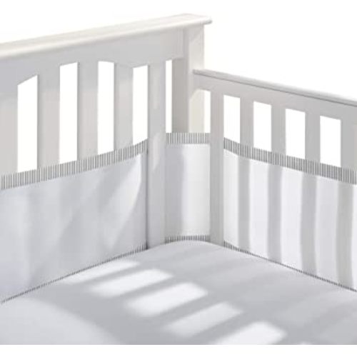 BreathableBaby Breathable Mesh Liner for Full-Size Cribs, Classic 3mm Mesh, Gray Seersucker (Size 4FS Covers 3 or 4 Sides)