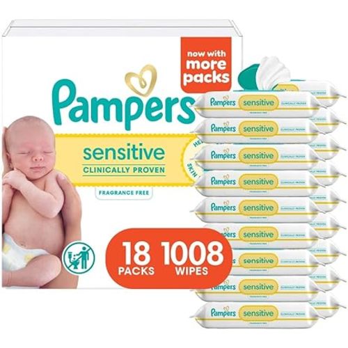 Pampers Sensitive Baby Wipes, Clinically Proven, Fragrance Free, Unscented, Water Based, Hypoallergenic, Multi-Use, Hand Wipes 1008 Wipes Total (18X Flip-Top Packs) [Packaging May Vary]