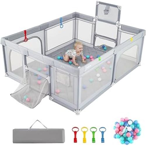 INFANS 74" x 62" Baby Playpen with Soft Mat, Basketball Hoop, 2 Soccer Goals, 4 Handles & 50 Ocean Balls, Breathable Mesh, Indoor & Outdoor Large Play Yard for Toddlers (Moon Light)